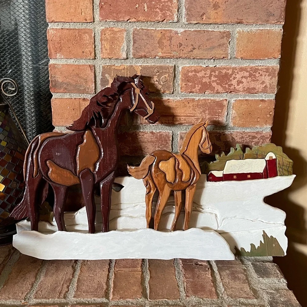 Vtg Hand Made Wooden 3D Art Puzzle Style Horses Barn Wall Hanging
